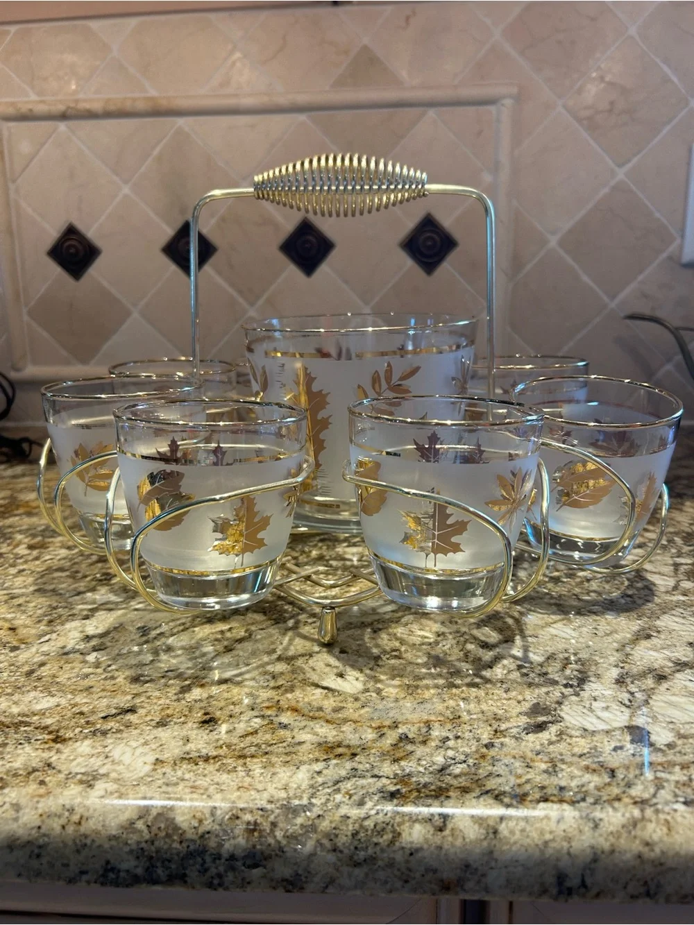 Vintage MCM Libbey Golden Foliage Set with 8 Glasses with Caddy & Ice Bucket.